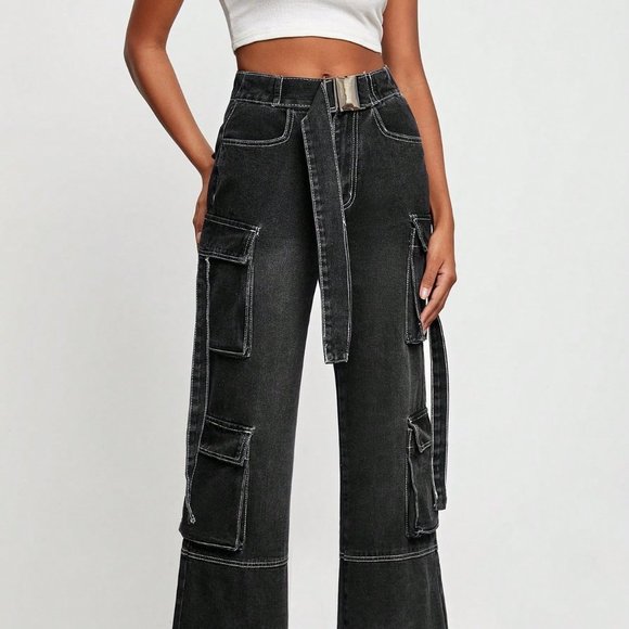 Black Casual Womens Flap Pocket Belted Cargo Jeans - Picture 3 of 5